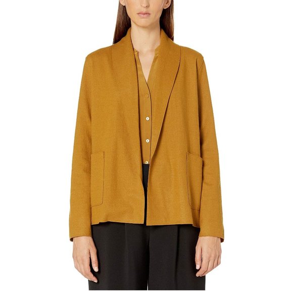 EILEEN FISHER MUSTARD BOILED WOOL OPEN FRONT KIMONO CARDIGAN COAT - Picture 1 of 5